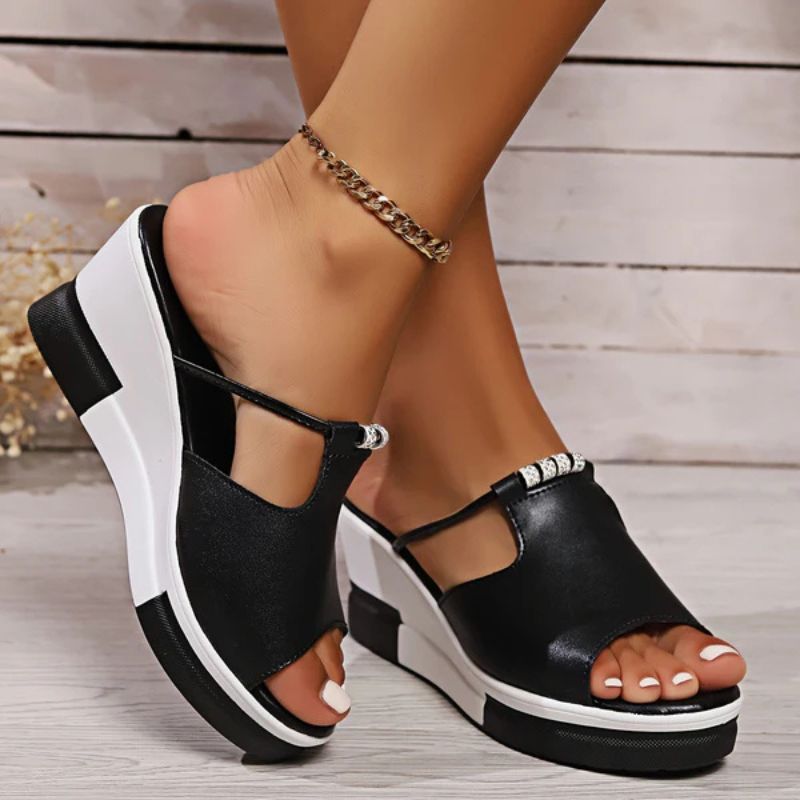 Sandale Wedge Momount Damă – Piele T-Bar cu Decupaj, Peep-Toe, Platformă Slide