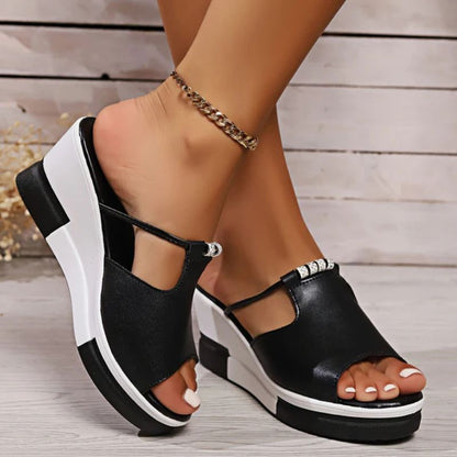 Sandale Wedge Momount Damă – Piele T-Bar cu Decupaj, Peep-Toe, Platformă Slide