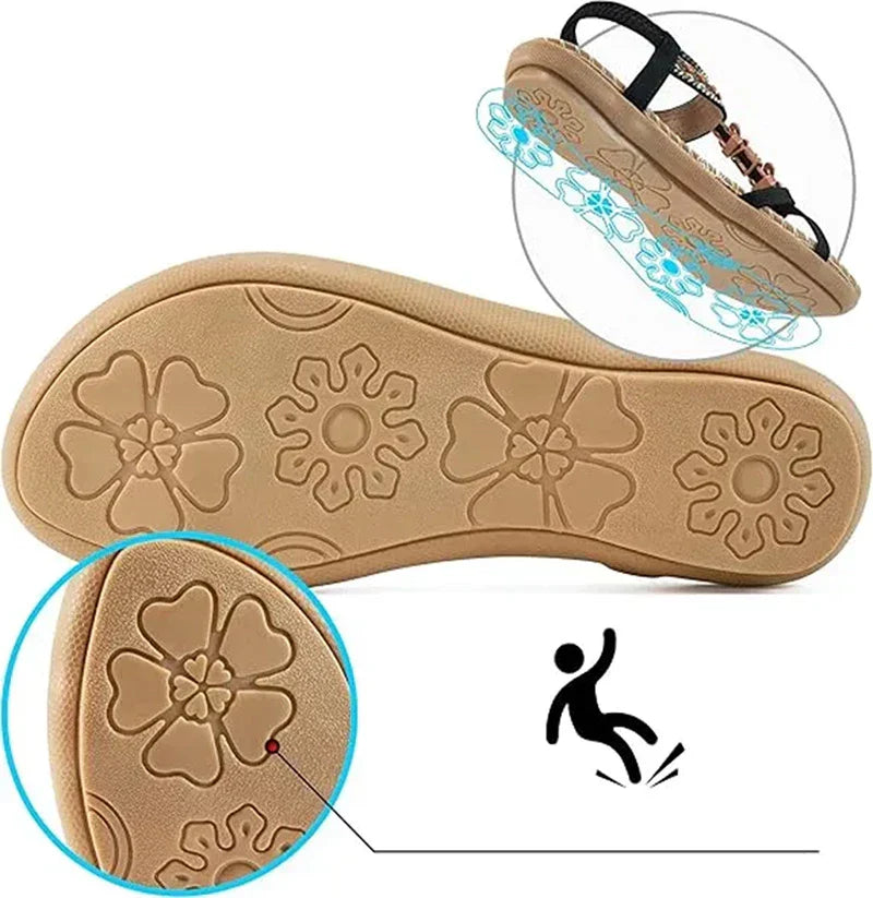 Sandale Slingback Momount Damă – Turcoaz Boho cu Mărgele și Strasuri, Plate