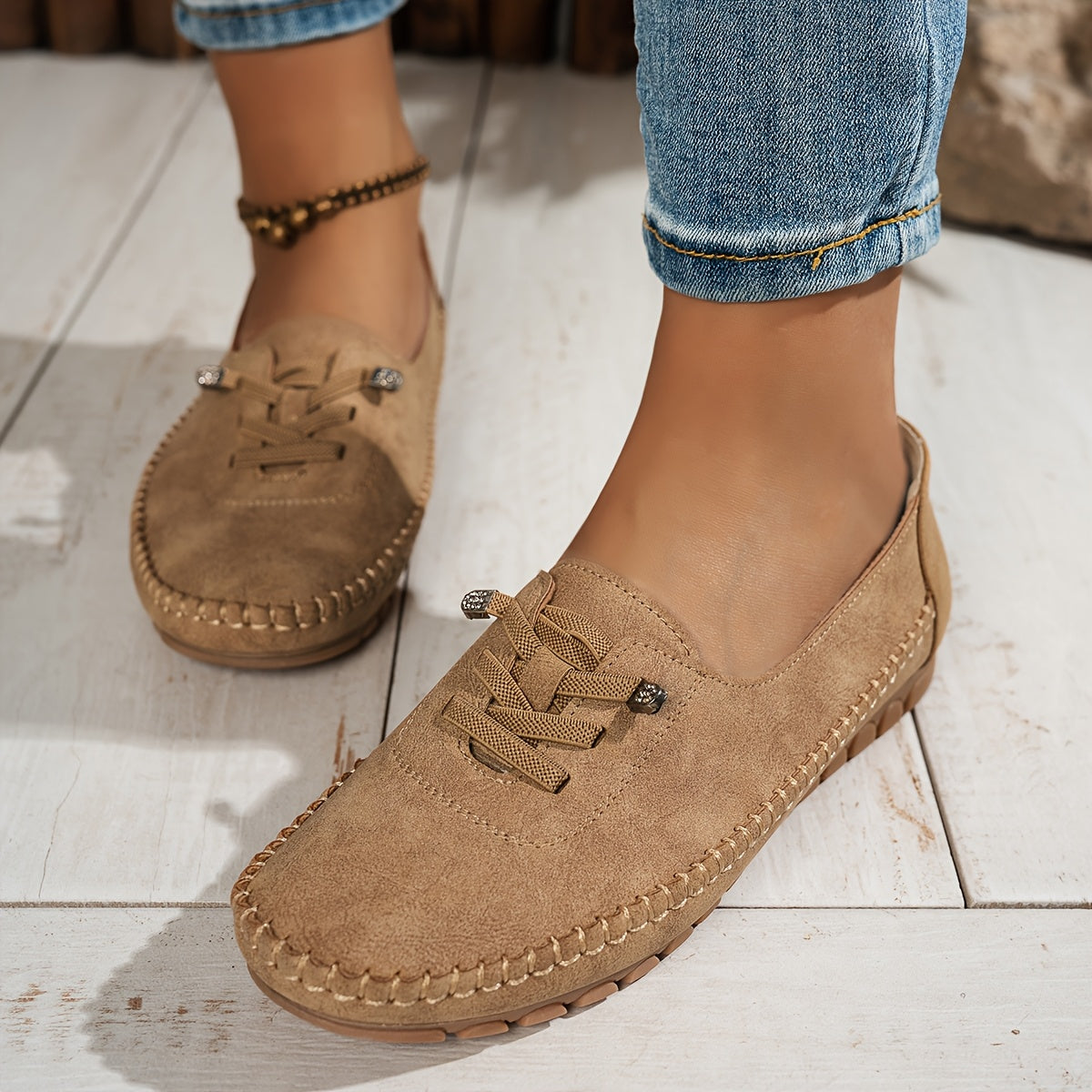 Momount Mocasini Damă – Piele Întoarsă Cusuți Manual, Slip-On Elastic, Confort