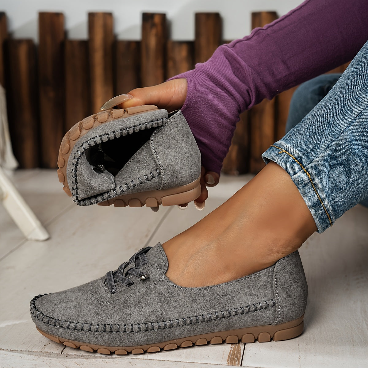 Momount Mocasini Damă – Piele Întoarsă Cusuți Manual, Slip-On Elastic, Confort