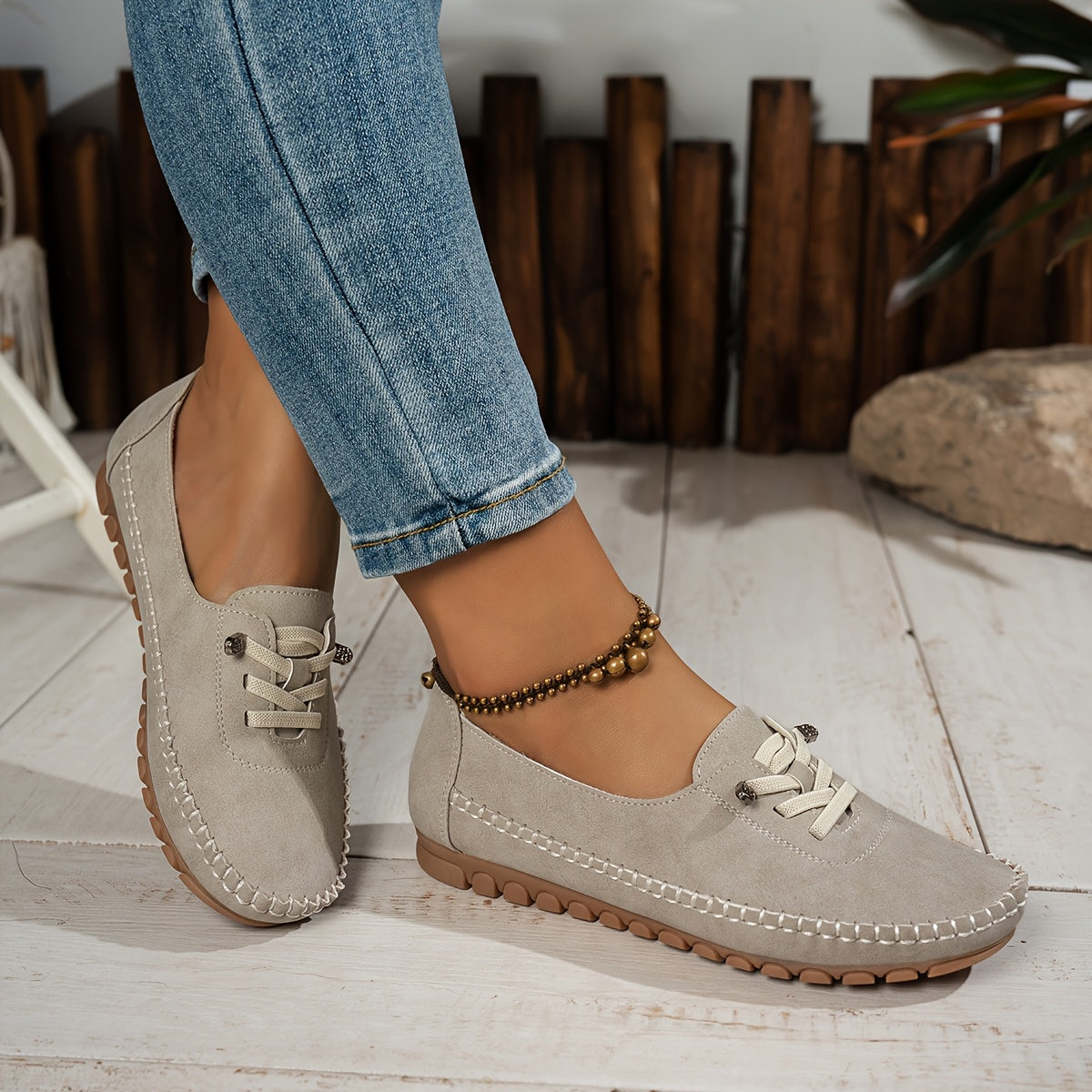 Momount Mocasini Damă – Piele Întoarsă Cusuți Manual, Slip-On Elastic, Confort