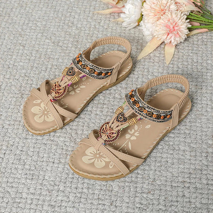Sandale Slingback Momount Damă – Turcoaz Boho cu Mărgele și Strasuri, Plate