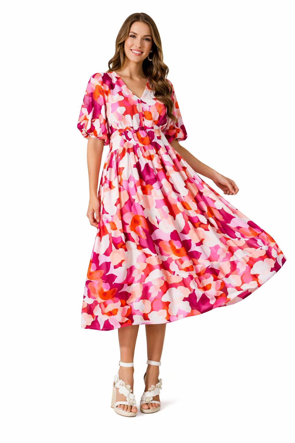 Brenta | Rochie Maxi Boho de Primăvară din Șifon Floral, Decolteu V, Mânecă Lungă