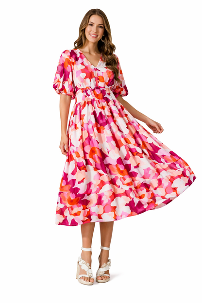 Brenta | Rochie Maxi Boho de Primăvară din Șifon Floral, Decolteu V, Mânecă Lungă
