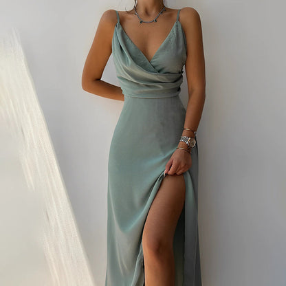 Evangelia | Rochie Maxi Elegantă din Satin cu Decolteu V Petrecut