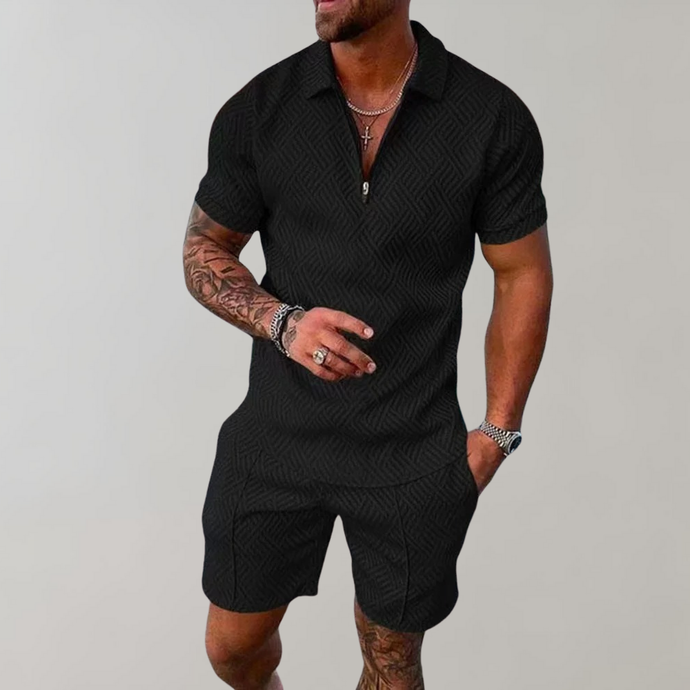 Momount Set Două Piese Bărbați – Polo cu Fermoar și Pantaloni Scurți Jacard, Vară
