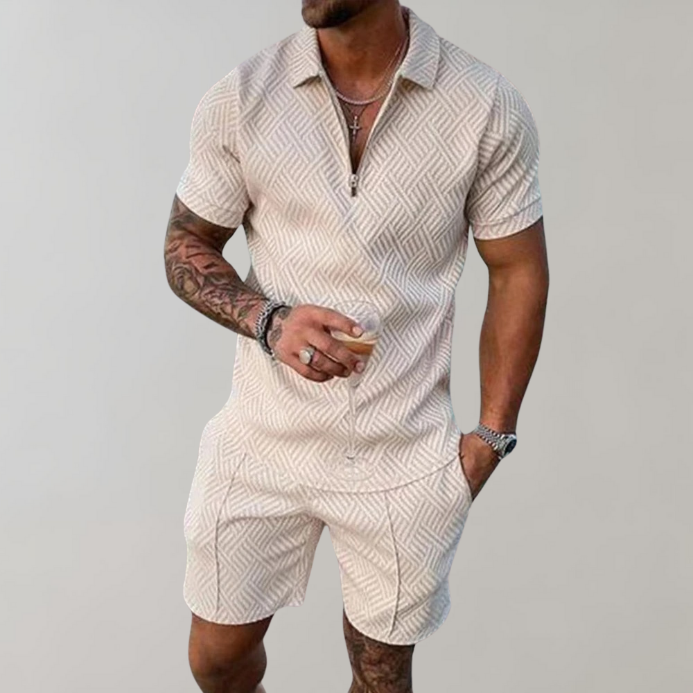 Momount Set Două Piese Bărbați – Polo cu Fermoar și Pantaloni Scurți Jacard, Vară