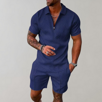 Momount Set Două Piese Bărbați – Polo cu Fermoar și Pantaloni Scurți Jacard, Vară