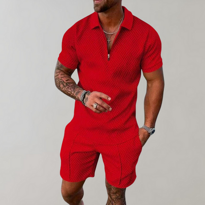 Momount Set Două Piese Bărbați – Polo cu Fermoar și Pantaloni Scurți Jacard, Vară