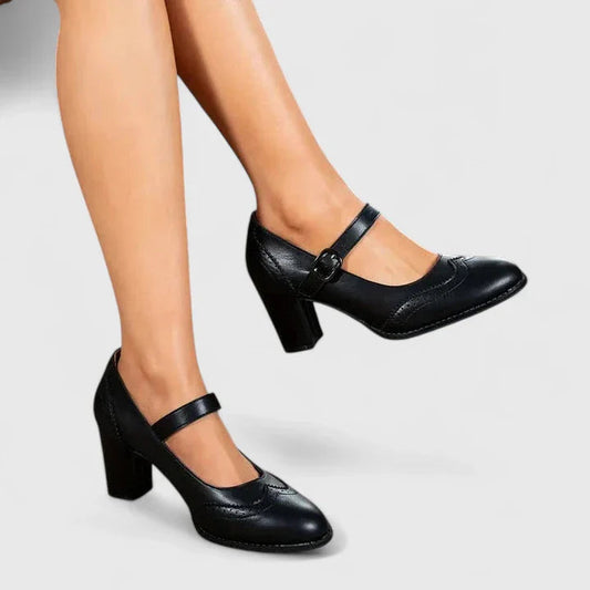 Pantofi Mary Jane damă cu toc bloc și perforații decorative – vârf rotund
