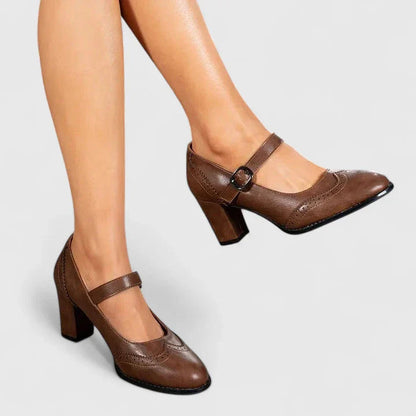Pantofi Mary Jane Momount Damă – Toc Bloc, Piele cu Brogue, Vârf Rotund, Cataramă
