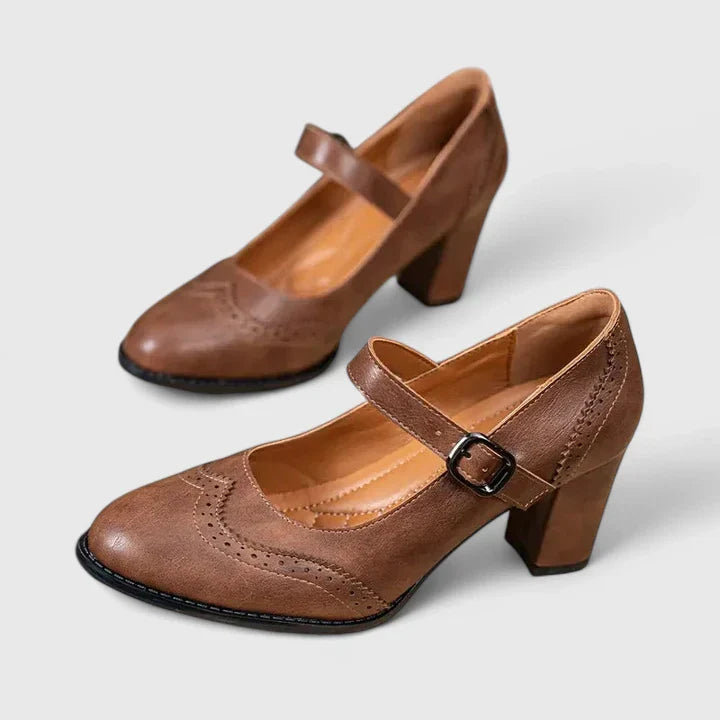 Pantofi Mary Jane Momount Damă – Toc Bloc, Piele cu Brogue, Vârf Rotund, Cataramă