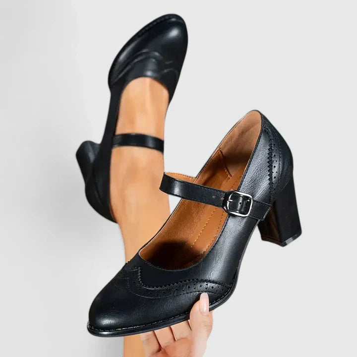Pantofi Mary Jane Momount Damă – Toc Bloc, Piele cu Brogue, Vârf Rotund, Cataramă