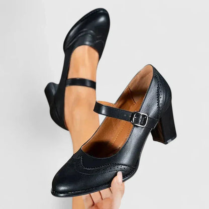 Pantofi Mary Jane Momount Damă – Toc Bloc, Piele cu Brogue, Vârf Rotund, Cataramă