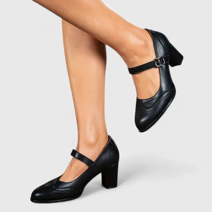Pantofi Mary Jane Momount Damă – Toc Bloc, Piele cu Brogue, Vârf Rotund, Cataramă