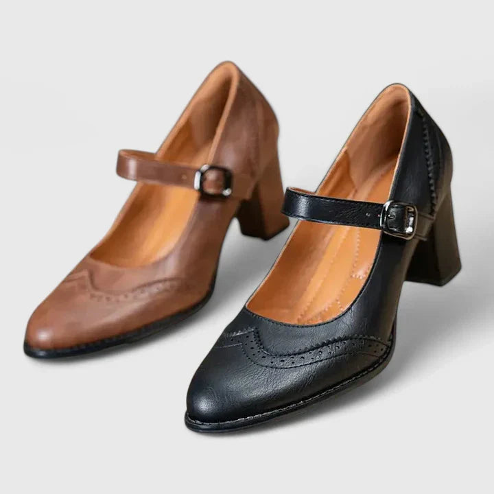 Pantofi Mary Jane Momount Damă – Toc Bloc, Piele cu Brogue, Vârf Rotund, Cataramă