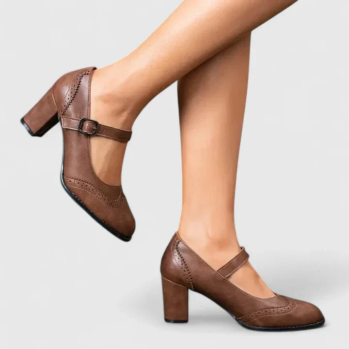 Pantofi Mary Jane Momount Damă – Toc Bloc, Piele cu Brogue, Vârf Rotund, Cataramă