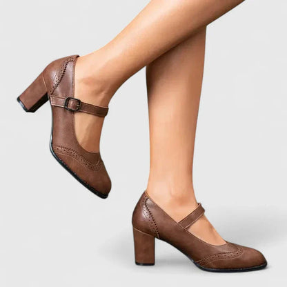 Pantofi Mary Jane Momount Damă – Toc Bloc, Piele cu Brogue, Vârf Rotund, Cataramă