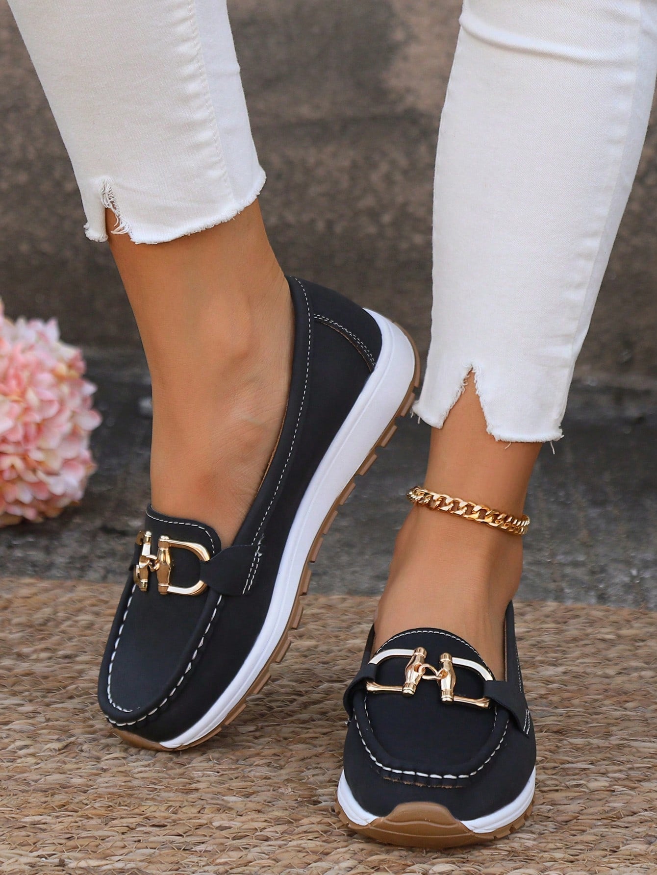 Mocasini din Piele Întoarsă Momount Damă – Cu Bit Auriu, Platformă, Slip-On Confort