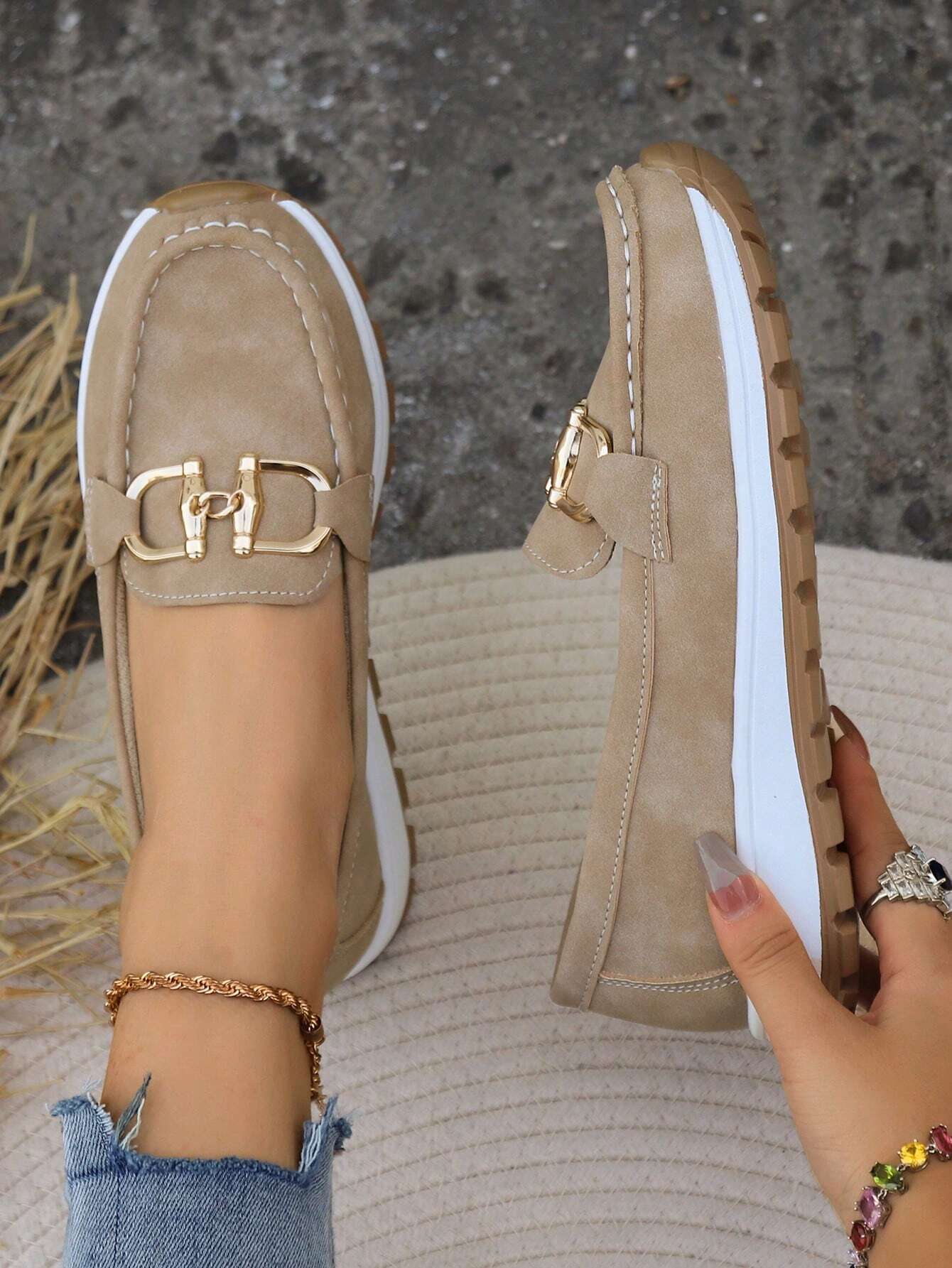 Mocasini din Piele Întoarsă Momount Damă – Cu Bit Auriu, Platformă, Slip-On Confort