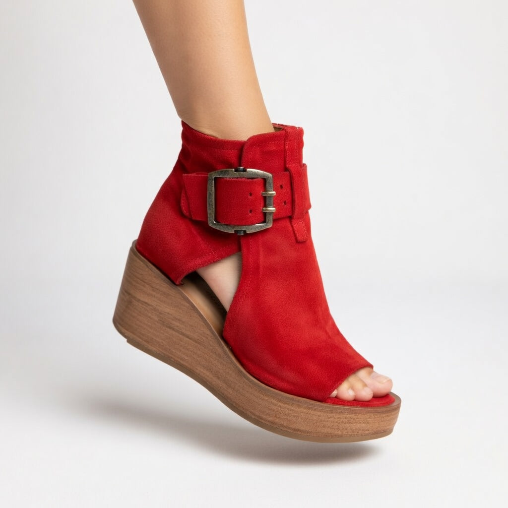 Sandale Wedge Momount Damă – Piele Întoarsă cu Manșetă la Gleznă, Cataramă, Platformă din Lemn, Peep-Toe