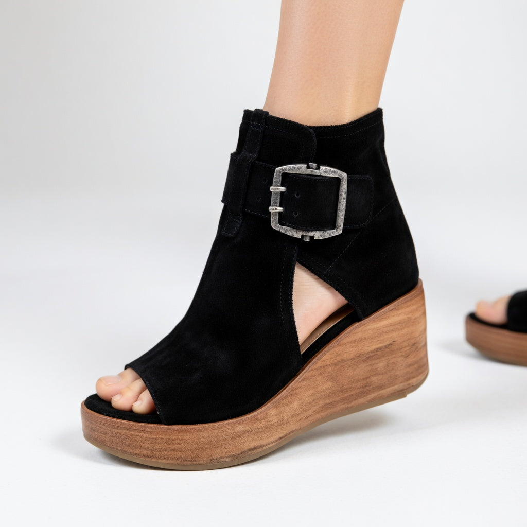 Sandale Wedge Momount Damă – Piele Întoarsă cu Manșetă la Gleznă, Cataramă, Platformă din Lemn, Peep-Toe
