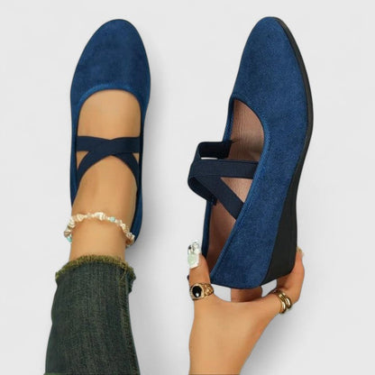 Balerini Momount Damă – Piele Întoarsă cu Curea Crossover Elastică, Vârf Rotund, Slip-On