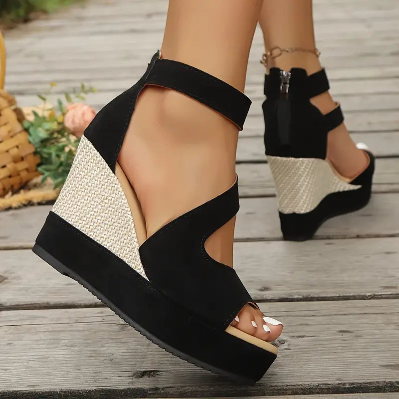 Sandale Espadrile Wedge Momount Damă – Piele Întoarsă, Iută, Platformă cu Curea la Gleznă, Vârf Deschis