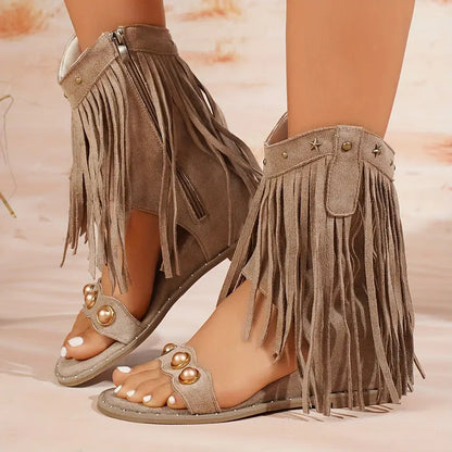 Sandale Gladiator cu Franjuri Momount Damă – Piele Întoarsă cu Țintele, Fermoar Lateral, Boho