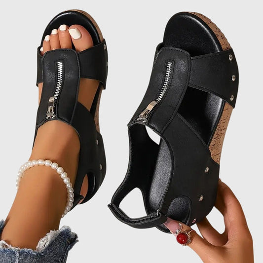Sandale Wedge din Plută Momount Damă – Piele cu Fermoar Frontal, cu Țintele, Peep-Toe