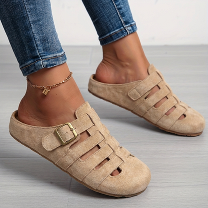 Saboți Closed-Toe Momount Damă – Piele Întoarsă Caged, Cataramă, Slip-On, Branț din Plută
