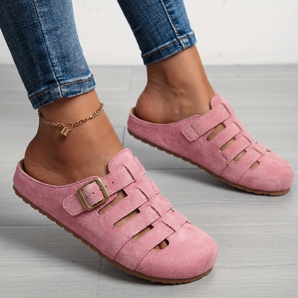 Saboți Closed-Toe Momount Damă – Piele Întoarsă Caged, Cataramă, Slip-On, Branț din Plută