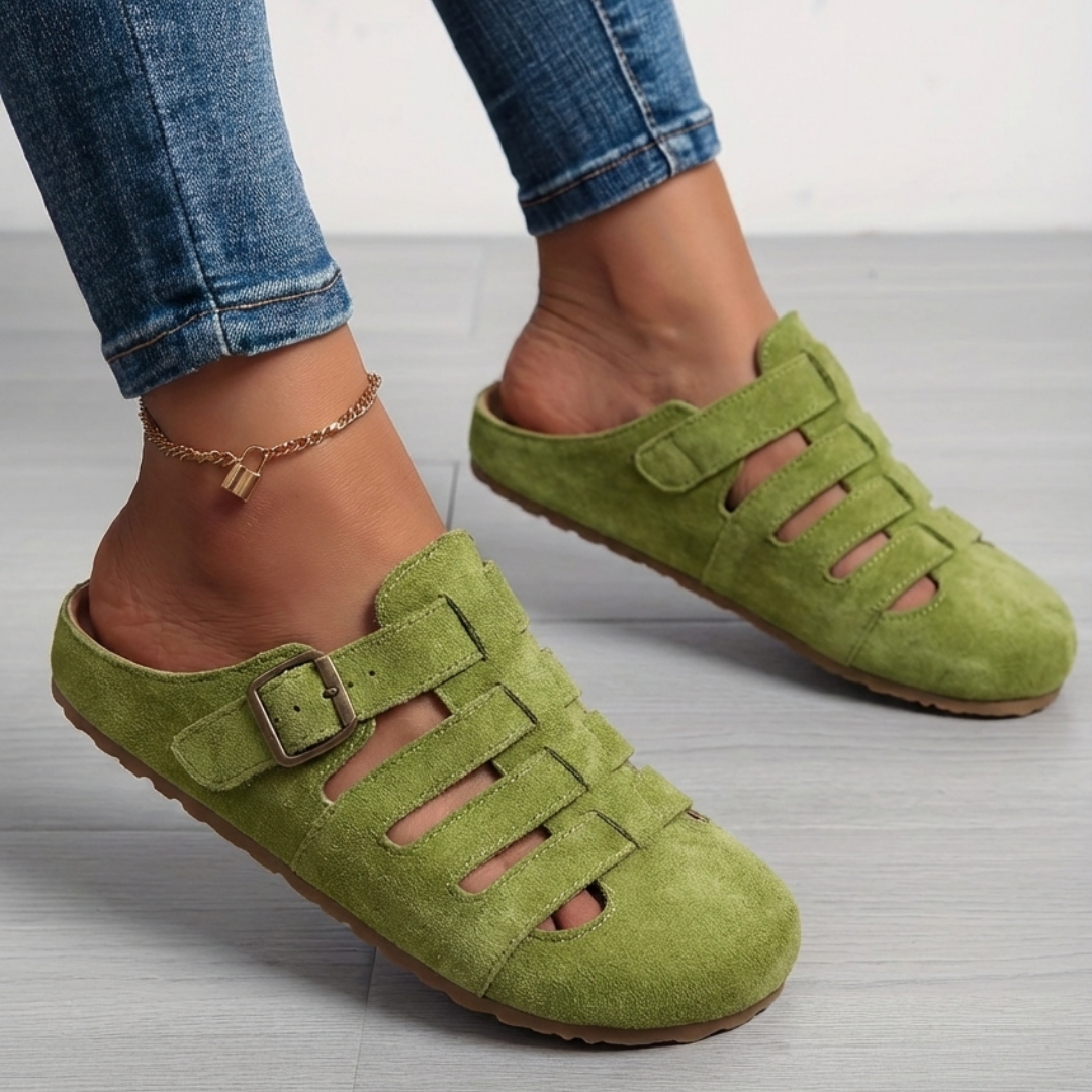 Saboți Closed-Toe Momount Damă – Piele Întoarsă Caged, Cataramă, Slip-On, Branț din Plută