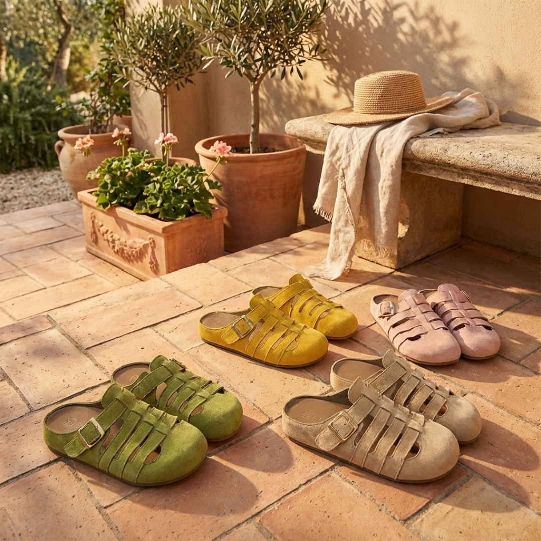 Saboți Closed-Toe Momount Damă – Piele Întoarsă Caged, Cataramă, Slip-On, Branț din Plută