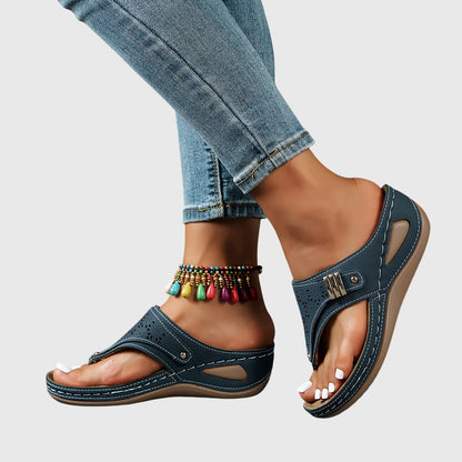 Momount Sandale Wedge Thong Damă – Piele Tăiată cu Laser Slide Toe-Post Toc Jos