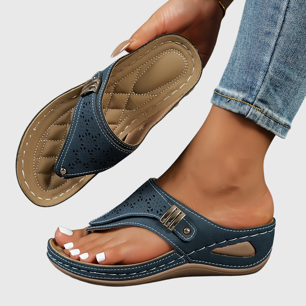 Momount Sandale Wedge Thong Damă – Piele Tăiată cu Laser Slide Toe-Post Toc Jos
