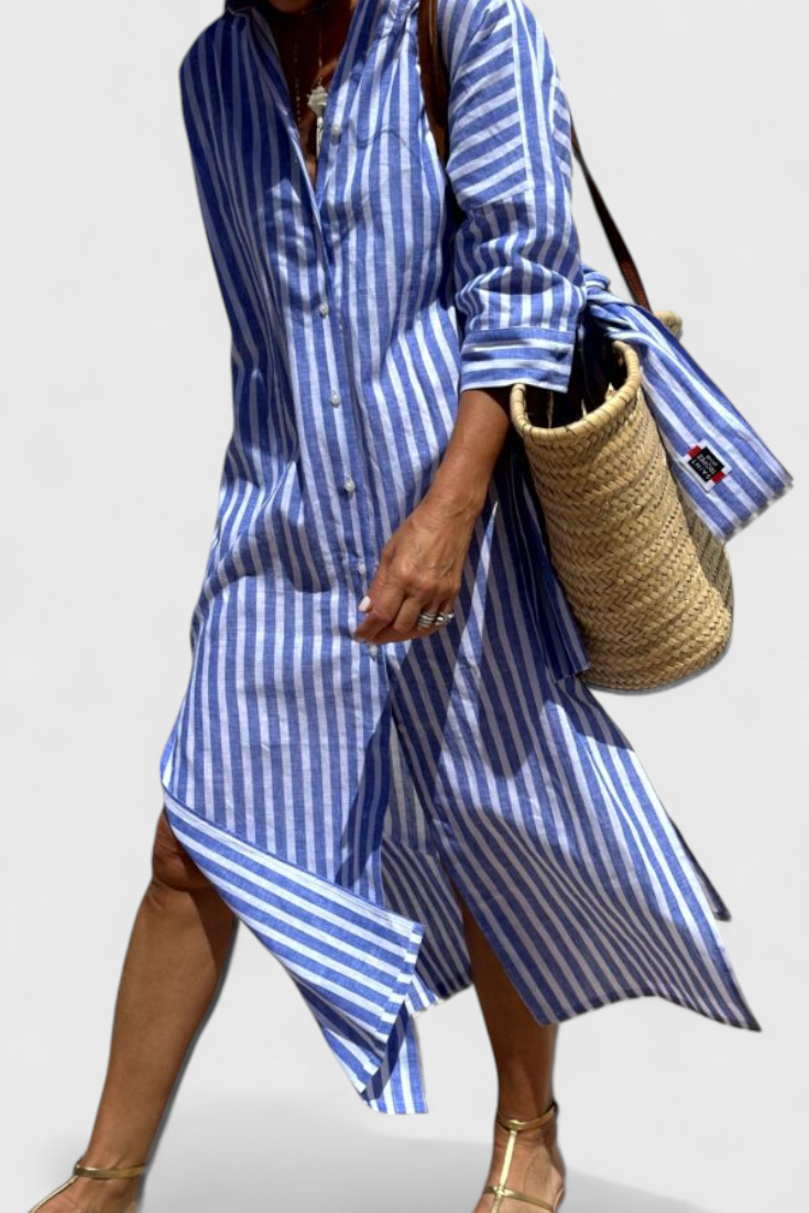 Rochie Midi Cămașă Momount Damă – Mânecă Lungă cu Dungi, Stil Casual pentru Plajă