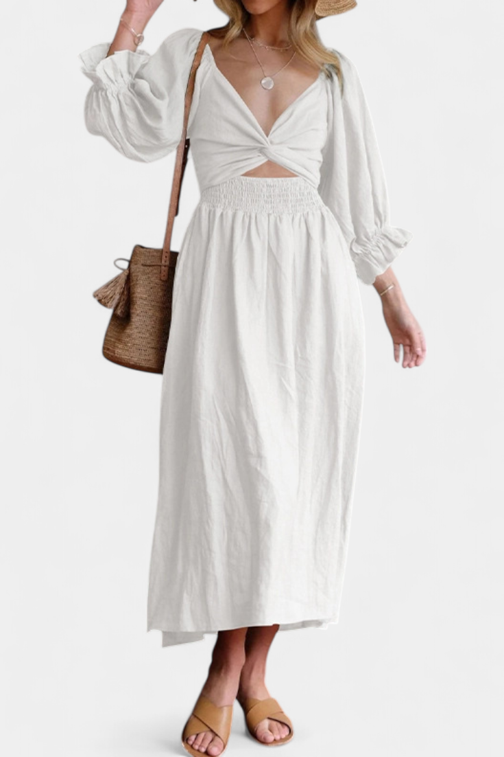 Rochie Midi de Vară Momount Damă – Mânecă Bufantă cu Decupaj, Croială A-line