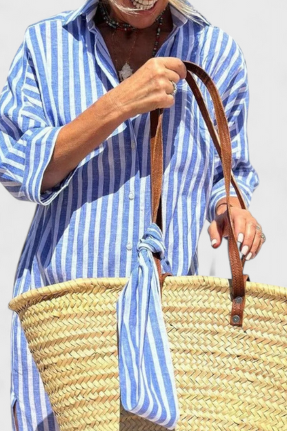 Rochie Midi Cămașă Momount Damă – Mânecă Lungă cu Dungi, Stil Casual pentru Plajă