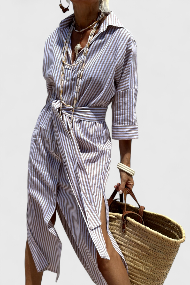 Rochie Midi Cămașă Momount Damă – Mânecă Lungă cu Dungi, Stil Casual pentru Plajă