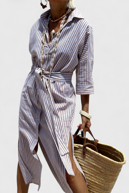 Rochie Midi Cămașă Momount Damă – Mânecă Lungă cu Dungi, Stil Casual pentru Plajă