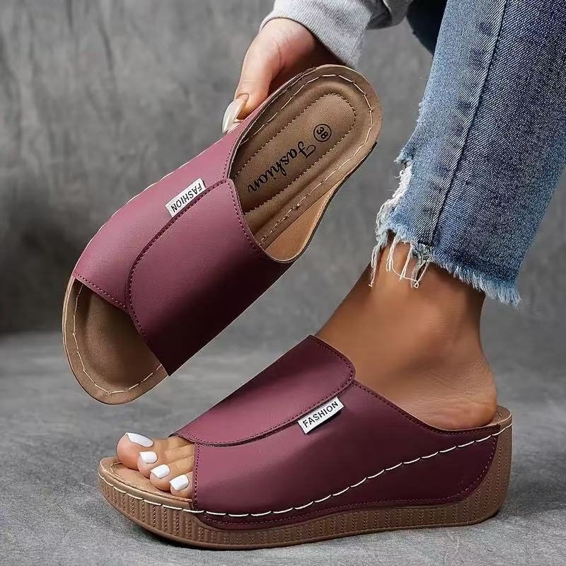 Momount Sandale Wedge Platformă Damă – Mule din Piele Maro cu Vârf Deschis