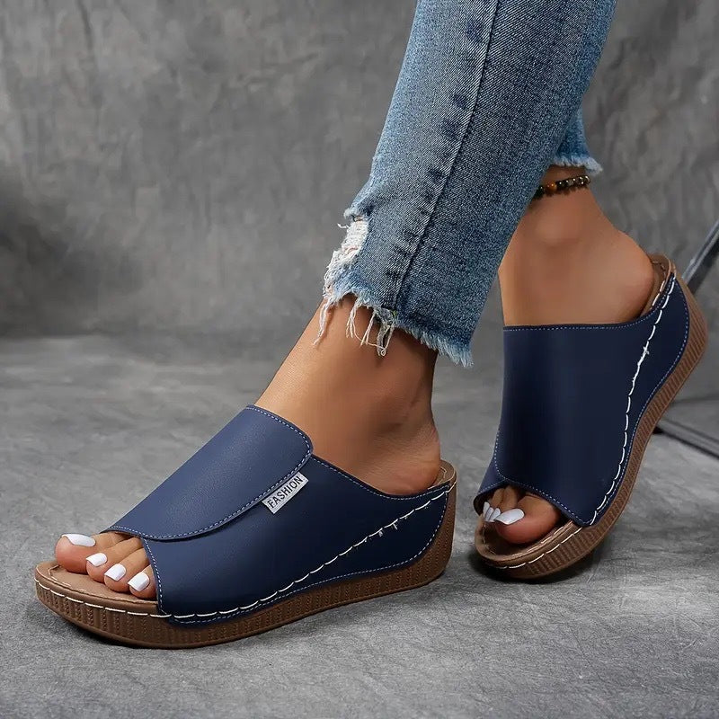 Momount Sandale Wedge Platformă Damă – Mule din Piele Maro cu Vârf Deschis
