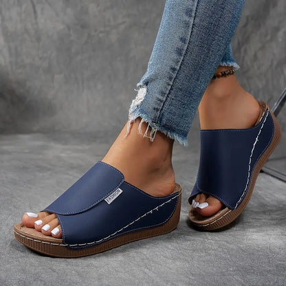 Momount Sandale Wedge Platformă Damă – Mule din Piele Maro cu Vârf Deschis