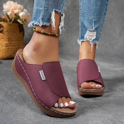 Momount Sandale Wedge Platformă Damă – Mule din Piele Maro cu Vârf Deschis