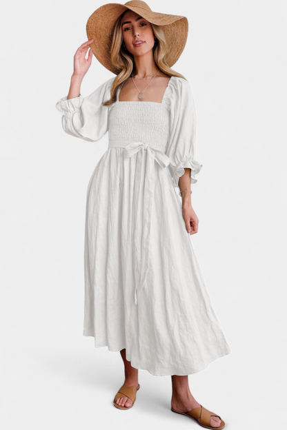 Rochie Midi de Vară Momount Damă – Mânecă Bufantă cu Decupaj, Croială A-line