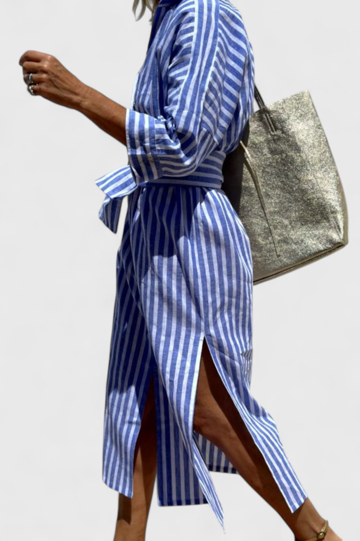Rochie Midi Cămașă Momount Damă – Mânecă Lungă cu Dungi, Stil Casual pentru Plajă