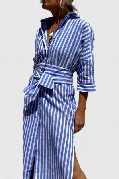 Rochie Midi Cămașă Momount Damă – Mânecă Lungă cu Dungi, Stil Casual pentru Plajă
