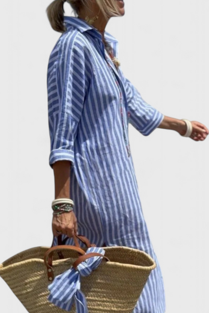 Rochie Midi Cămașă Momount Damă – Mânecă Lungă cu Dungi, Stil Casual pentru Plajă